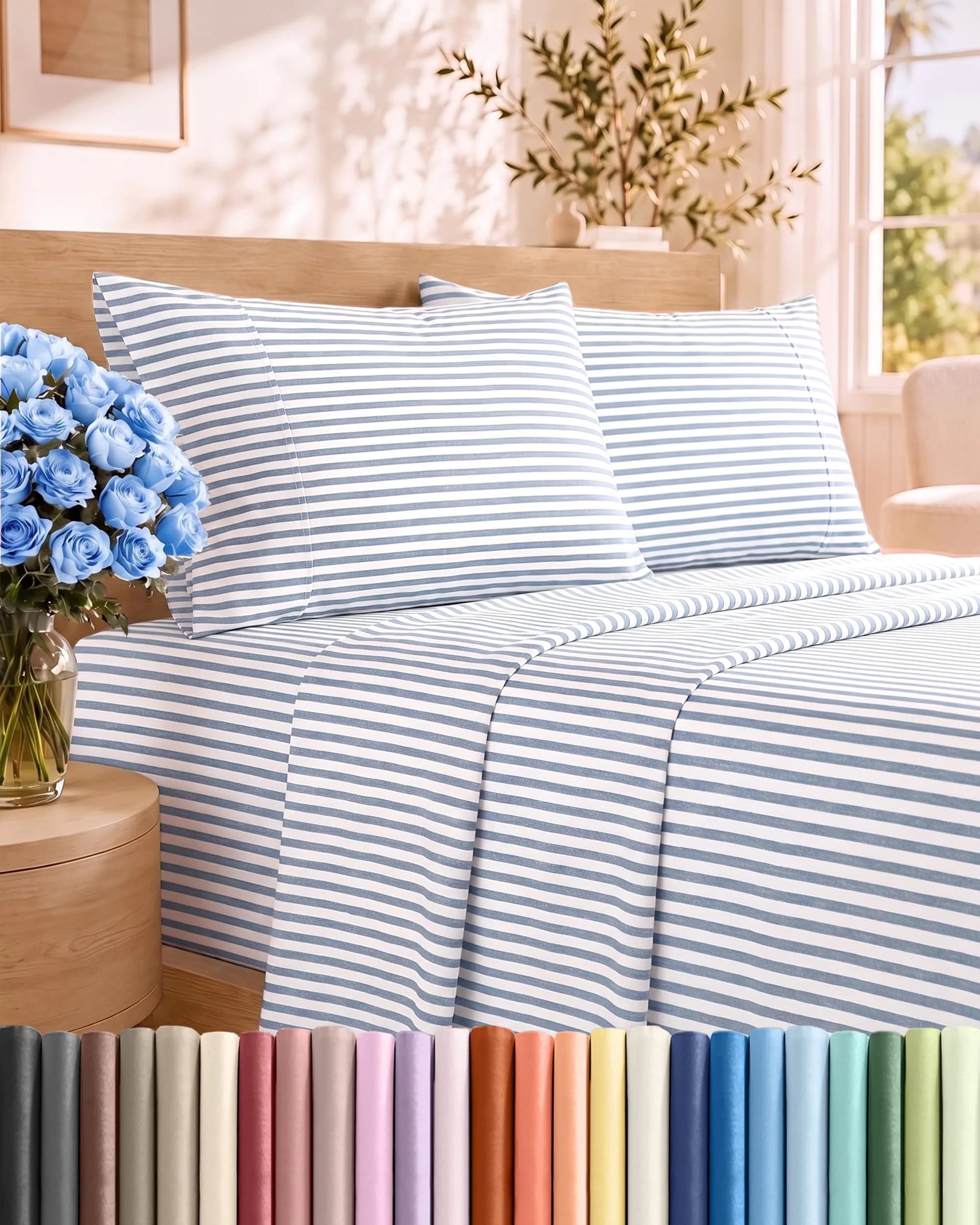 CGK Unlimited Queen Size 4 Piece Sheet Set | Breathable & Cooling Microfiber Sheets - Blue Stripes - main product image