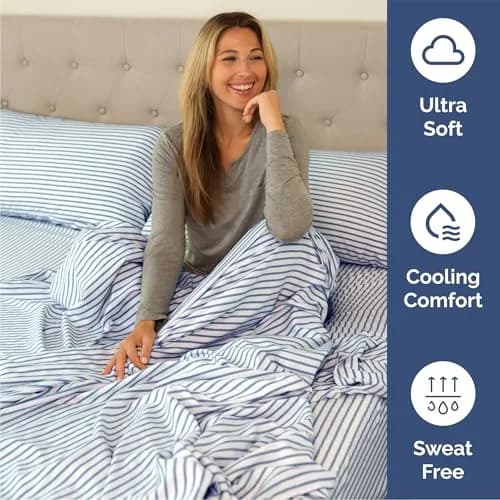 CGK Unlimited Queen Size 4 Piece Sheet Set | Breathable & Cooling Microfiber Sheets - Blue Stripes thumbnail 4