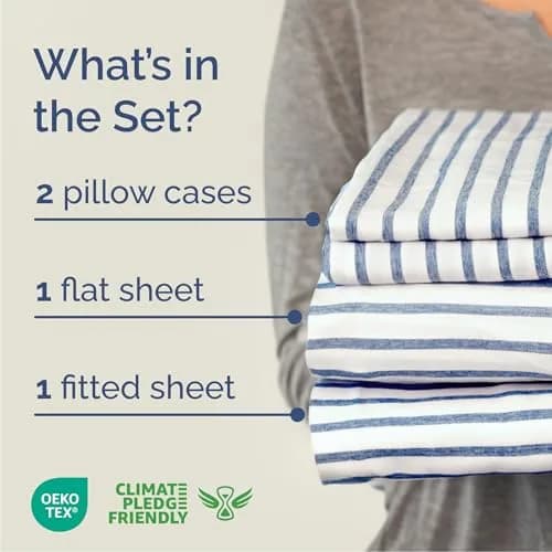 CGK Unlimited Queen Size 4 Piece Sheet Set | Breathable & Cooling Microfiber Sheets - Blue Stripes thumbnail 2