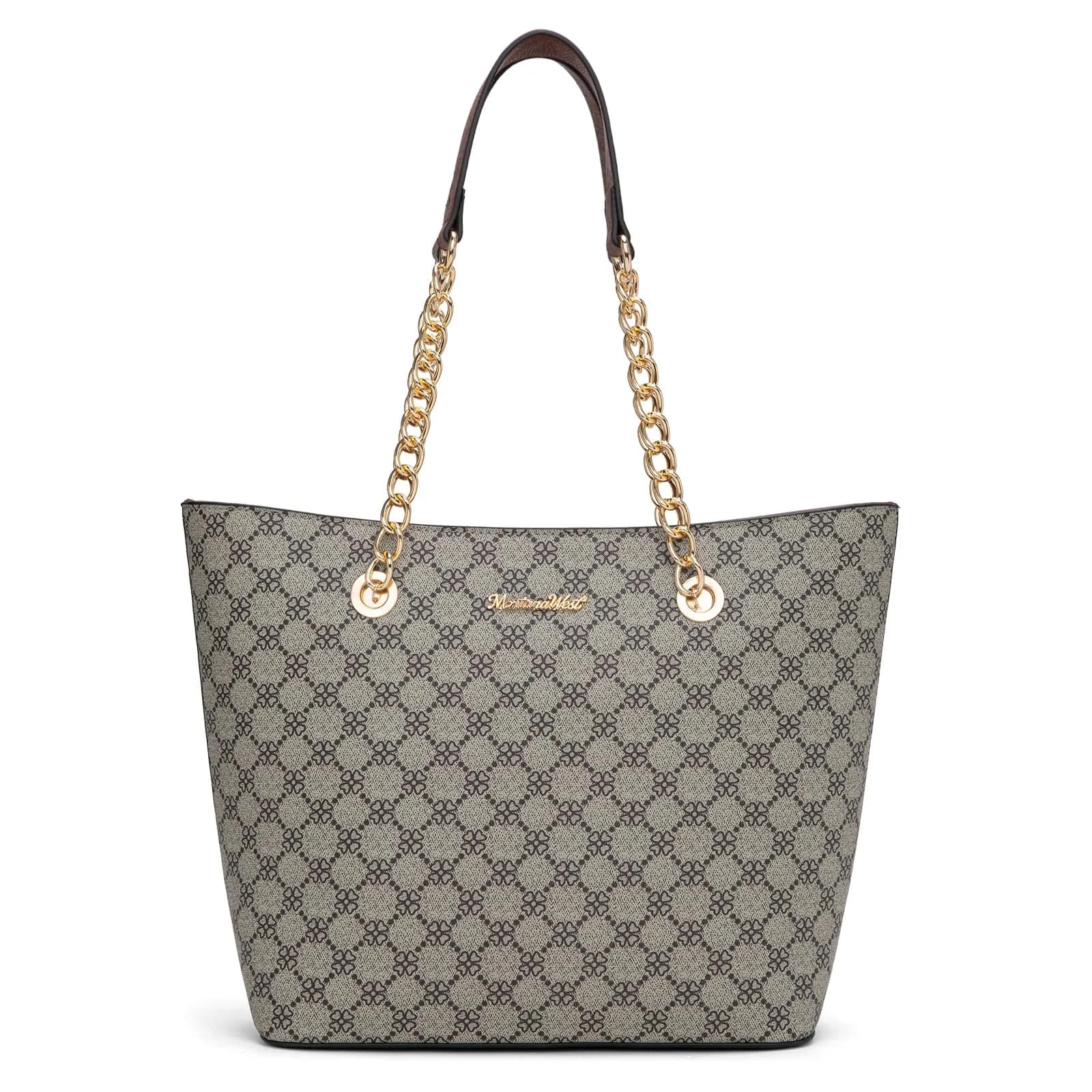 Montana West Leopard Print Tote Bag with Gold Chain Handle & Zipper Closure, 30.5cm (12") x 27.9cm (11") x 12.2cm (4.8") | Stylish Vegan Leather Handbag for Women — Brown Lucky Clover