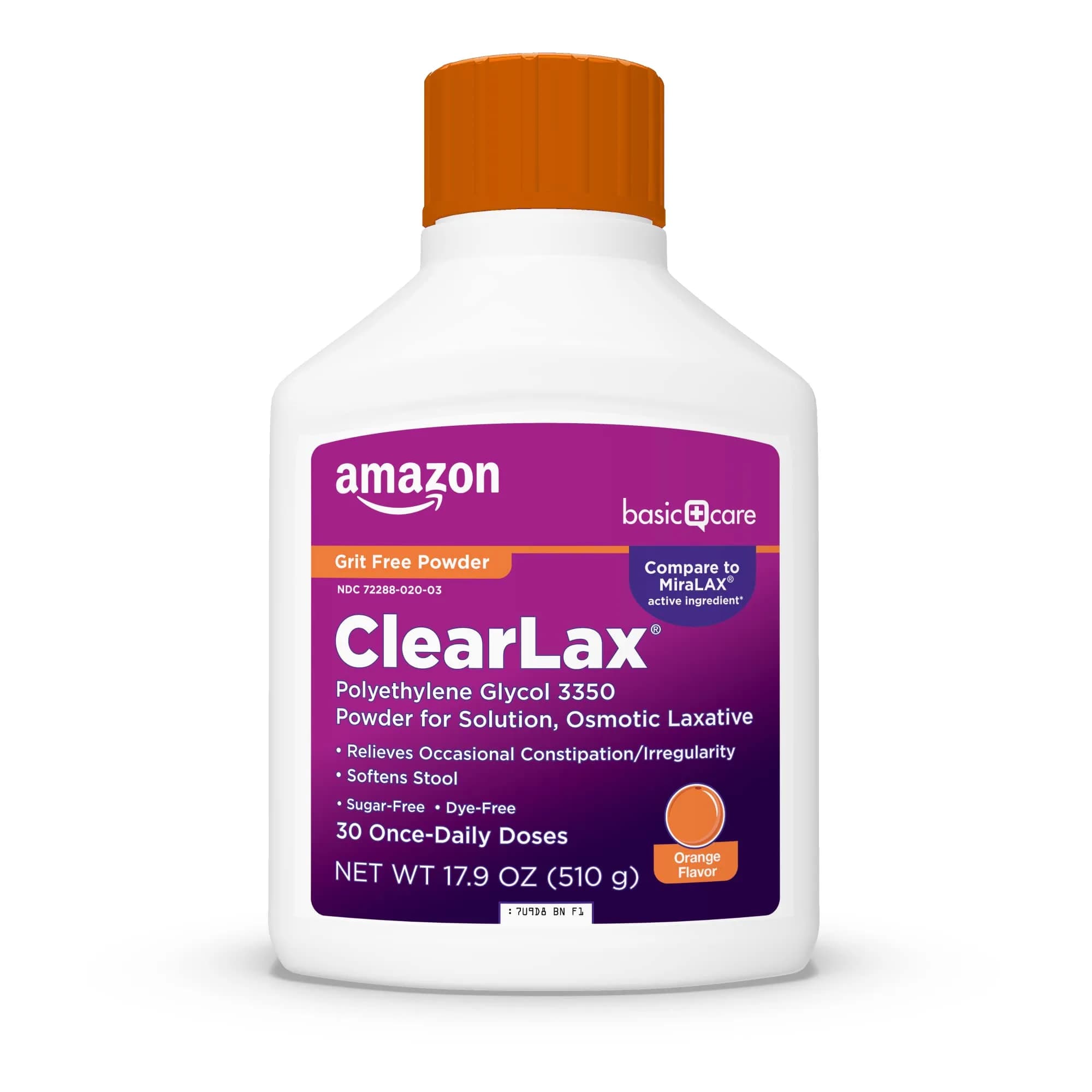 Amazon Basic Care ClearLax Polyethylene Glycol 3350 Powder for Solution, Orange Flavor, 1.11 Pound (503 g) | Osmotic Laxative for Occasional Constipation Relief