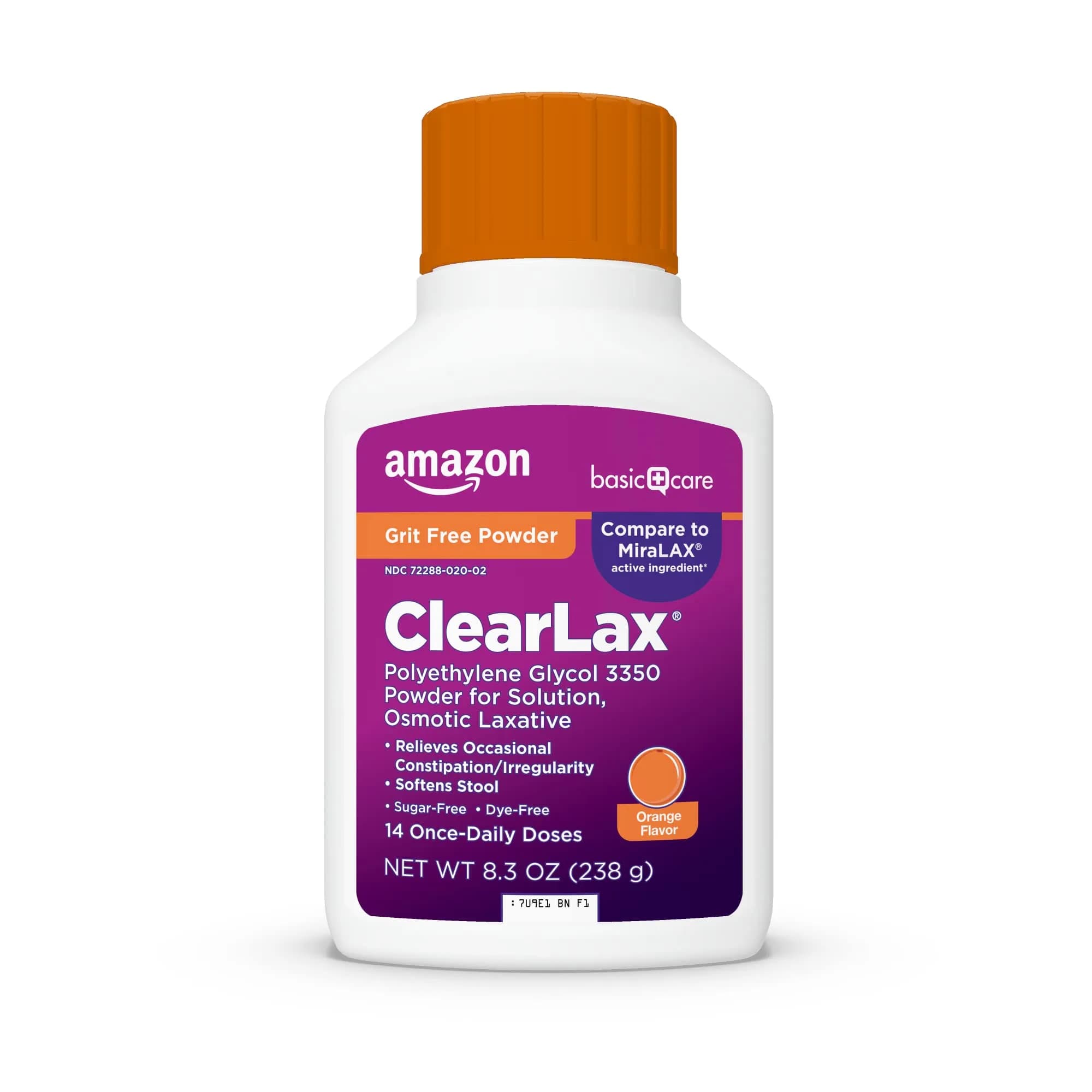 Amazon Basic Care ClearLax Polyethylene Glycol 3350 Powder for Solution, Orange Flavor 235 g (8.3 oz) | Relieves Occasional Constipation - main product image