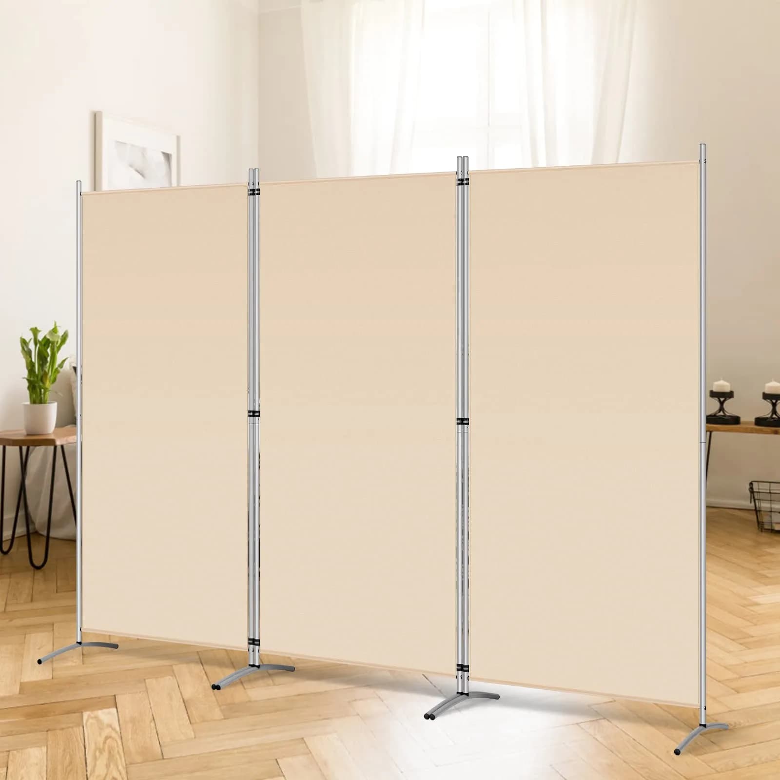 RANTILA 3 Panel Room Divider 213 cm (102''W) x 170 cm (71''H) | Freestanding Privacy Screen for India — Beige / 34" - 3 Panel