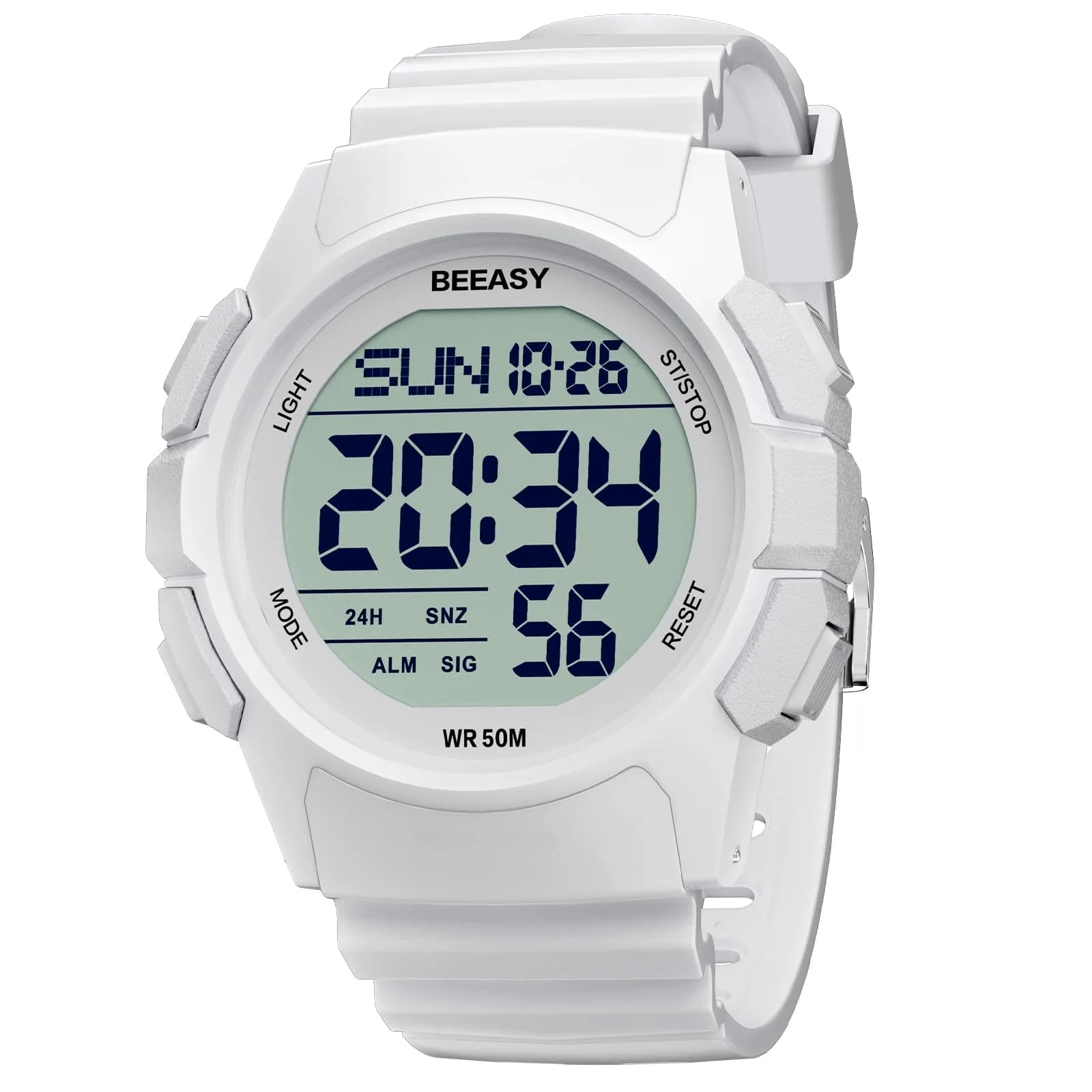 Beeasy Men's Digital Sports Watch 49mm Black | 50M Waterproof Stopwatch Countdown Timer Dual Time — White