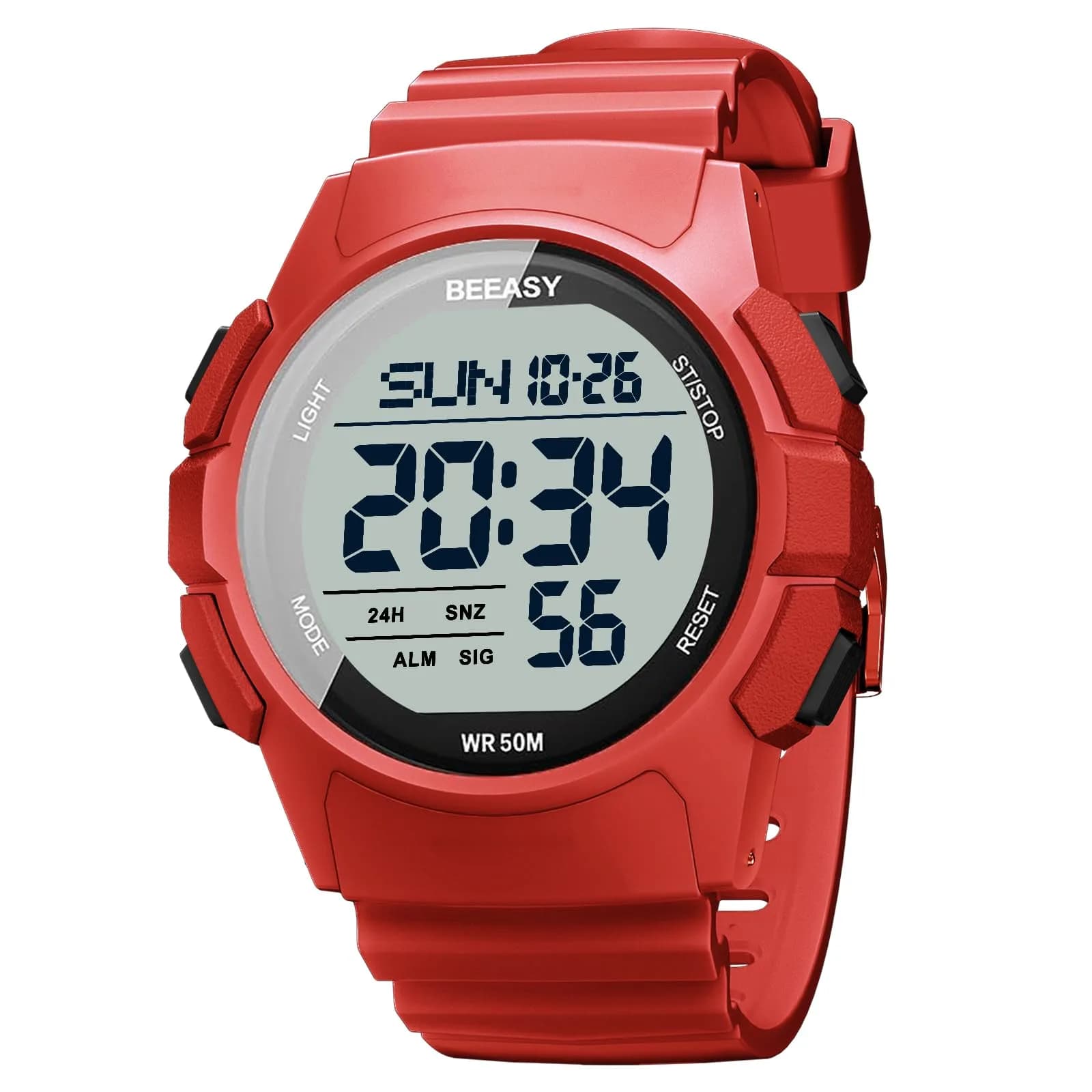 Beeasy Men's Digital Sports Watch 49mm Black | 50M Waterproof Stopwatch Countdown Timer Dual Time — Red