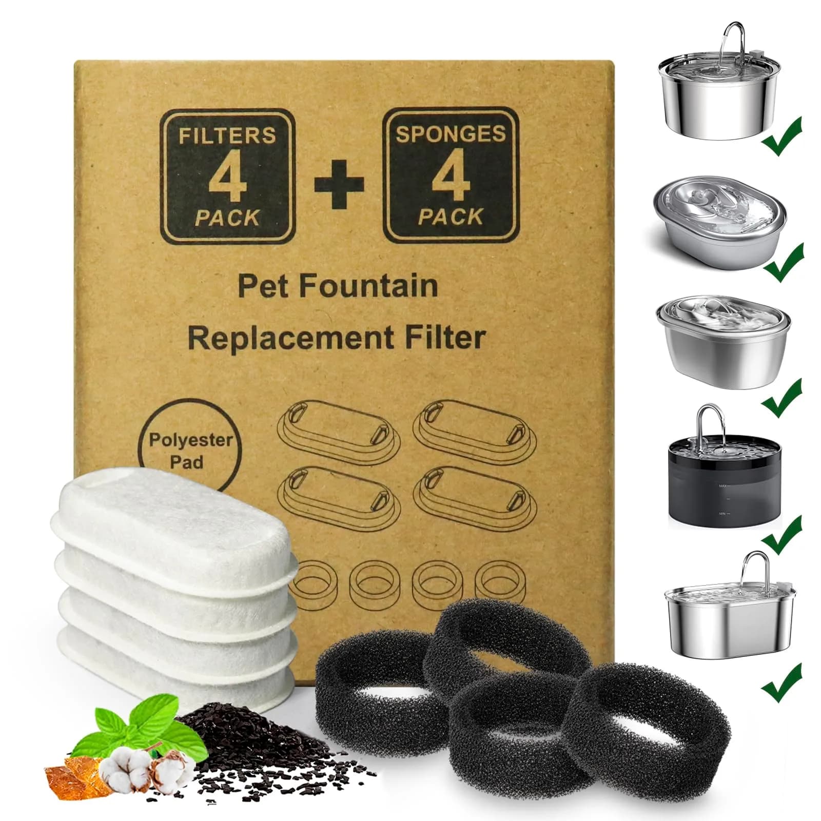 KANCHOU Cat Water Fountain Filter 8Pcs | Compatible with 101oz/3L Stainless Steel Pet Fountain