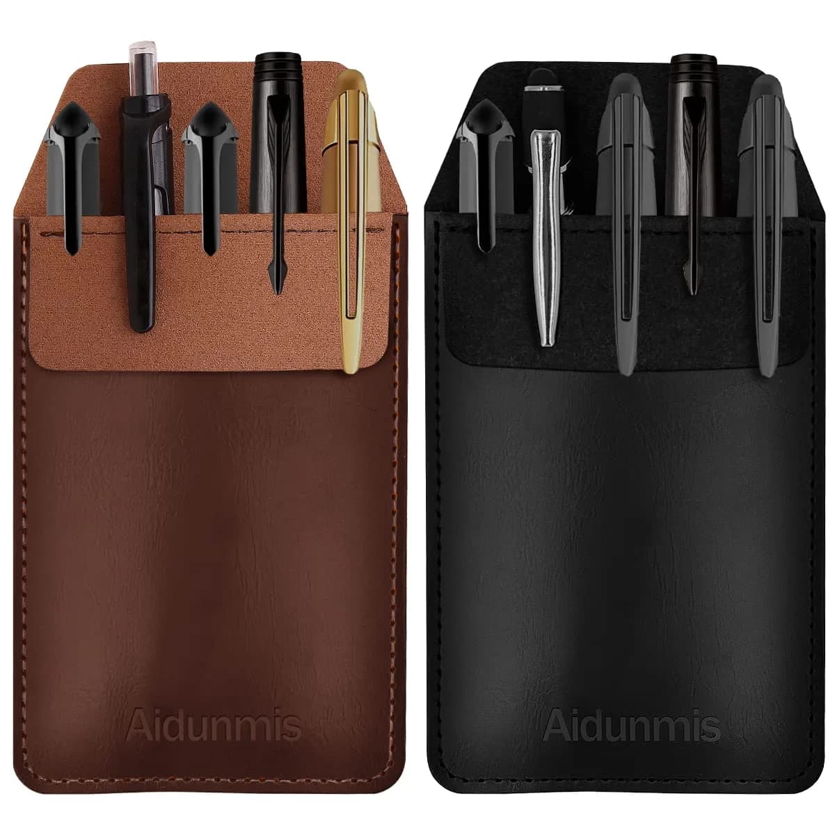 Aidunmis PU Leather Pocket Pen Holder Organizer Pouch 2 Pieces (Brown, Black) | Protects Shirts from Ink Spills — 1 Black & 1 Brown