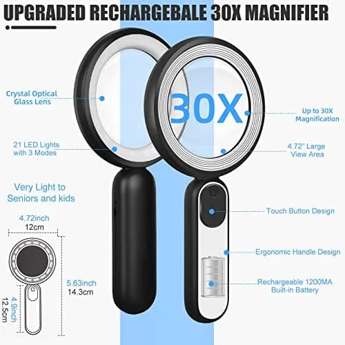 Arsir Rechargeable Magnifying Glass with Light, 30X 4.72in (12cm) Handheld LED Illuminated Book Magnifier thumbnail 4