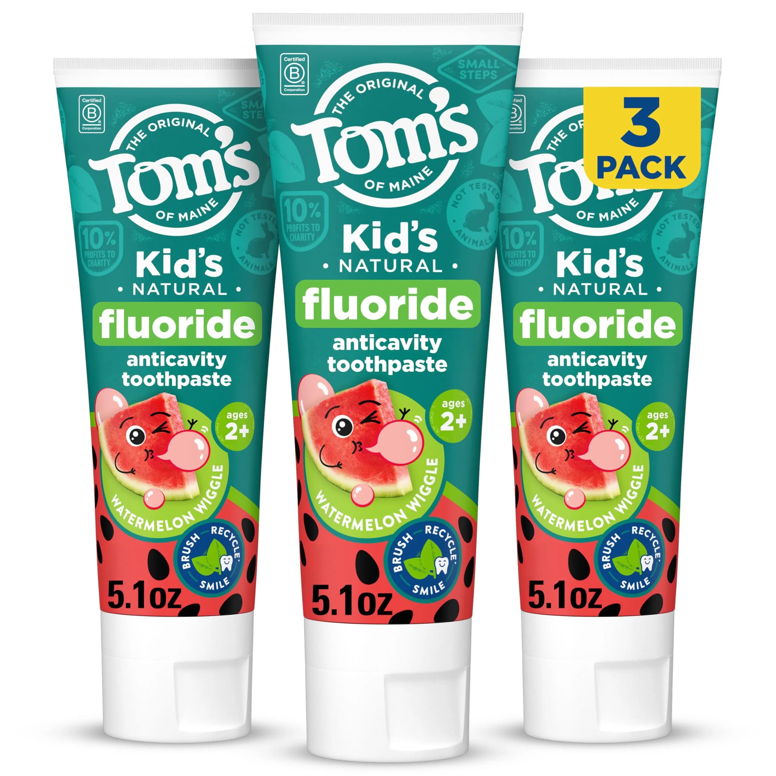 Tom's of Maine Natural Kids Fluoride Toothpaste Orange Mango 15.3 oz (5.1 oz 3-Pack) | Cavity Protection for Ages 2-6 — Watermelon / 5.1 Ounce