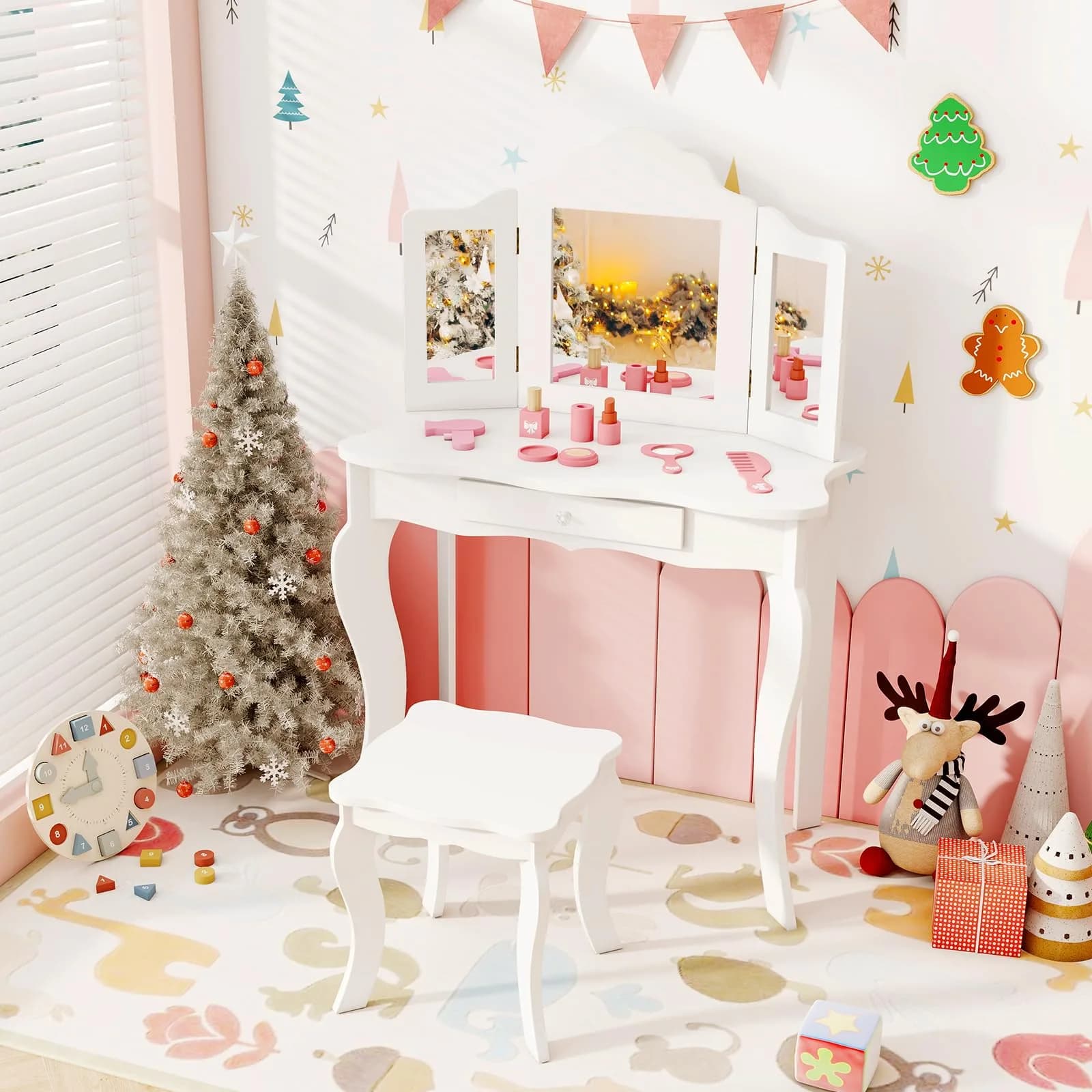 AKUSTIK Kids Vanity 2 in 1 Wooden Dressing Table & Chair Set | Detachable Tri-Fold Mirror, Storage Drawer, Toddler Pretend Princess Playset (27.5" x 13.5" x 41")