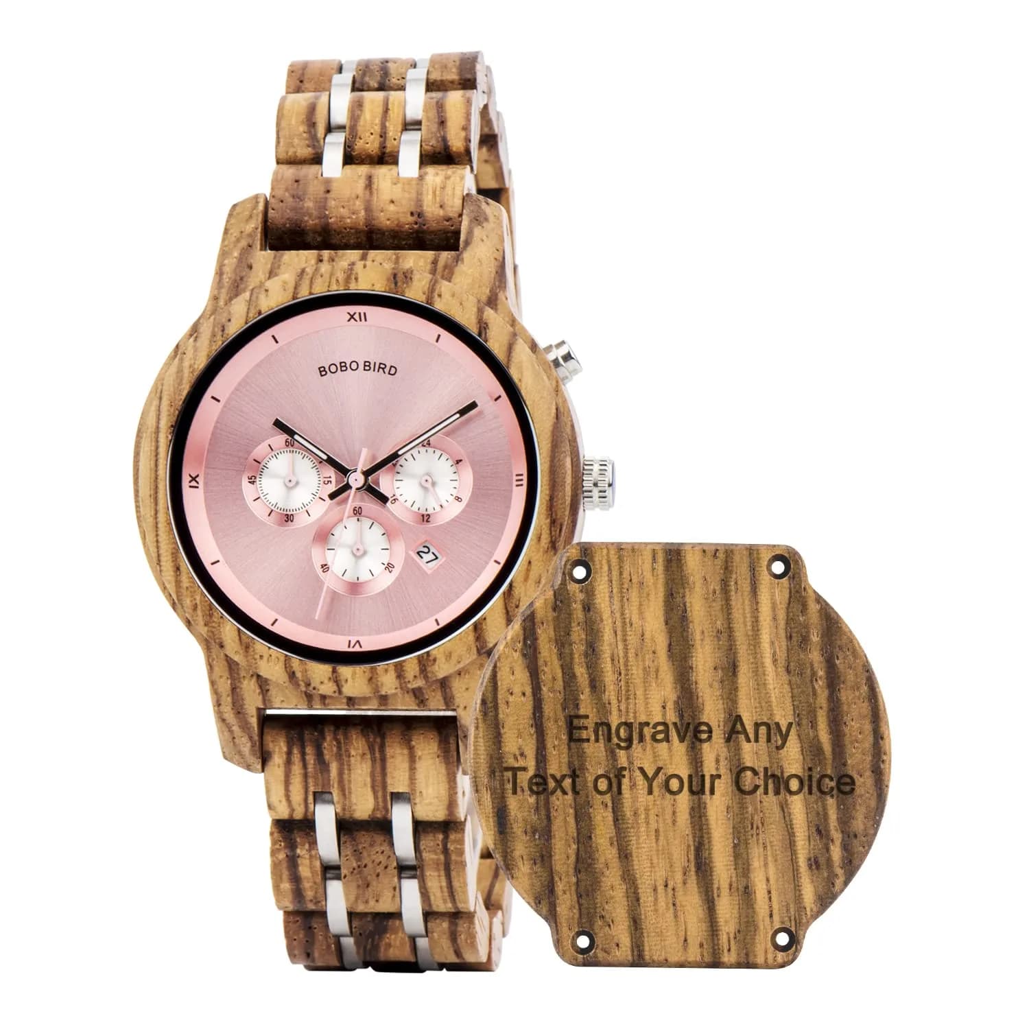 BOBO BIRD Women Wooden Watch Pink | Luxury Zebra Wood Casual & Business (40mm) — Custom