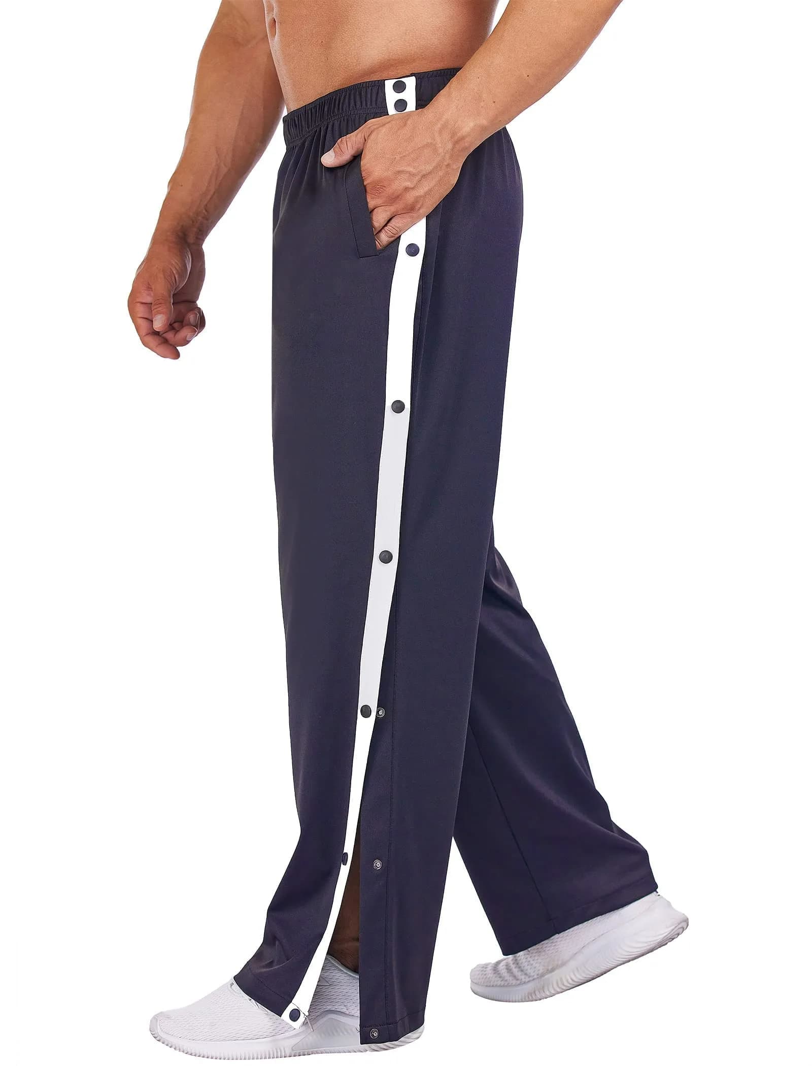 Deyeek Men's Tear Away Pants, Breakaway Basketball Snap Post Surgery | Casual, Stretch, Navy Blue, XL