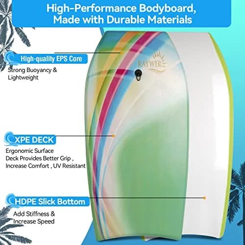 RAYWER Body Board Lightweight with EPS Core, HDPE Slick Bottom, Leash & Adjustable Wrist Rope, 41-INCH | Impact-Resistant Surfing for Kids & Adults thumbnail 2