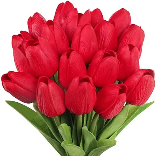 Winlyn Red 20 Pcs Artificial Tulip Flowers 34.8 cm (13.7") | Real Touch PU Blooms for Spring Decor thumbnail 1