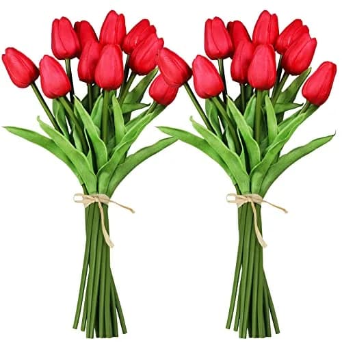 Winlyn Red 20 Pcs Artificial Tulip Flowers 34.8 cm (13.7") | Real Touch PU Blooms for Spring Decor thumbnail 2