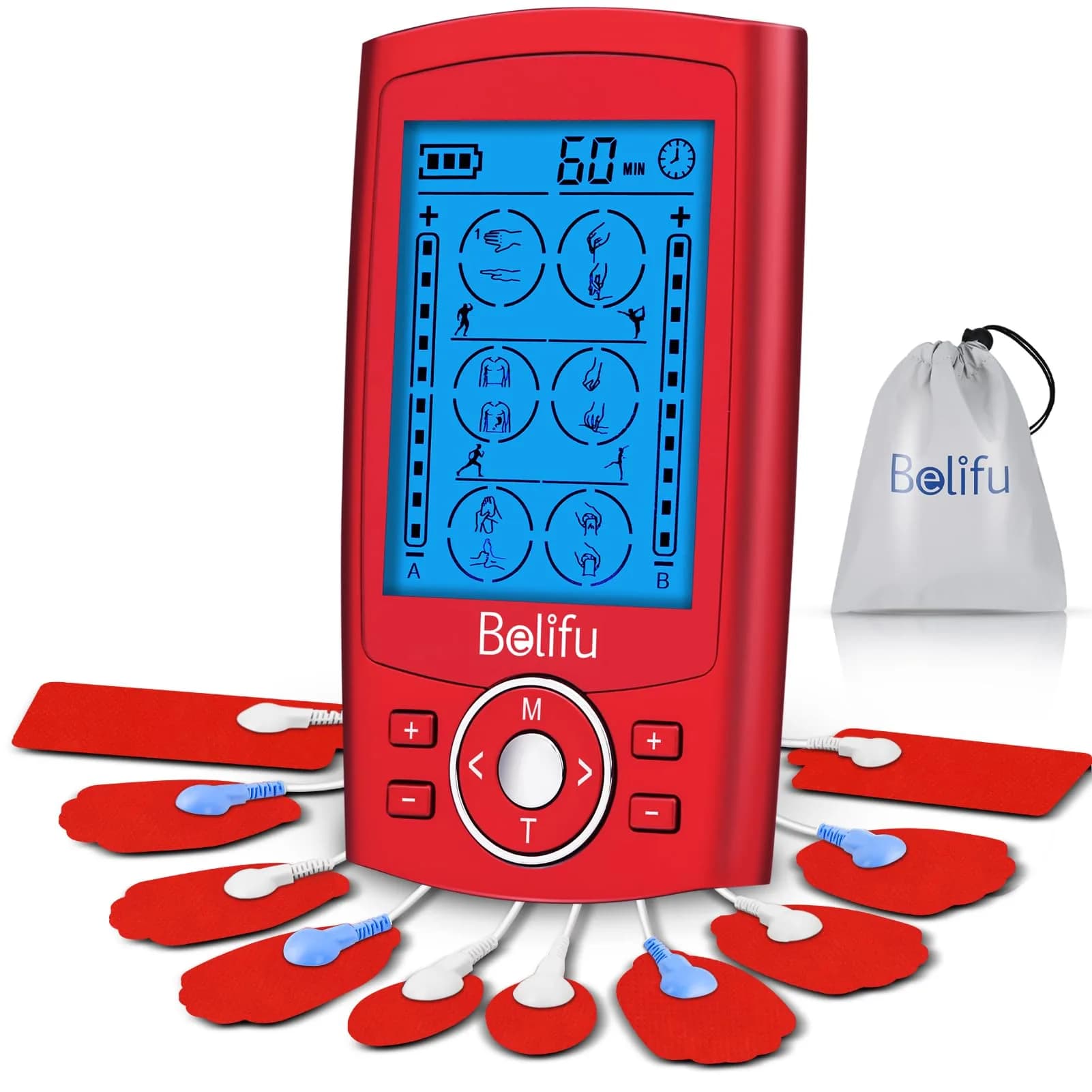 Belifu Dual Channel TENS EMS Unit 24 Modes Muscle Stimulator with 10 Pads | Pain Relief Therapy