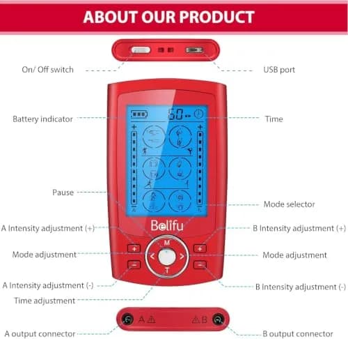 Belifu Dual Channel TENS EMS Unit 24 Modes Muscle Stimulator with 10 Pads | Pain Relief Therapy thumbnail 2