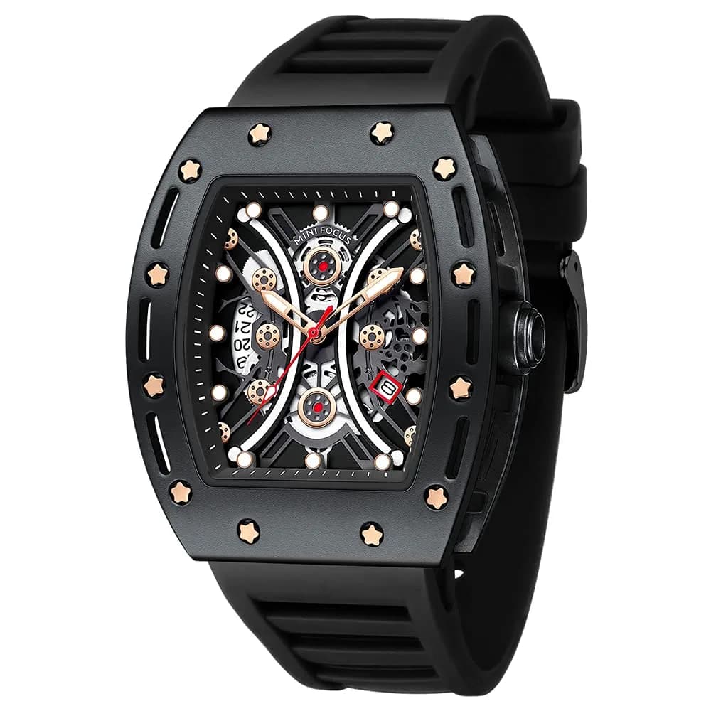 AIMES Men’s Black Skeleton Tonneau Watch | 41.8mm Quartz, Water-Resist 30M — Black