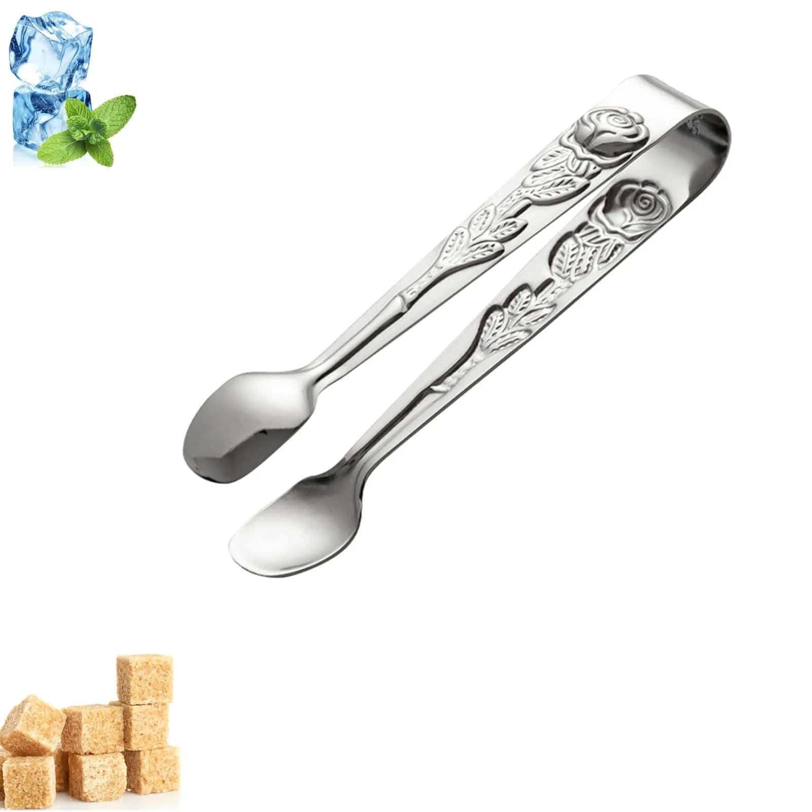 Saycker Mini Serving Tongs 4Inch Rose Pattern Stainless Steel Gold | Small Ice & Sugar Cube Tongs — Silver