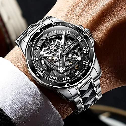 OLEVS Automatic Skeleton Watch for Men 42mm (1.65 Inches) Silver Tungsten Steel | Big Face Waterproof Luxury Watch thumbnail 4