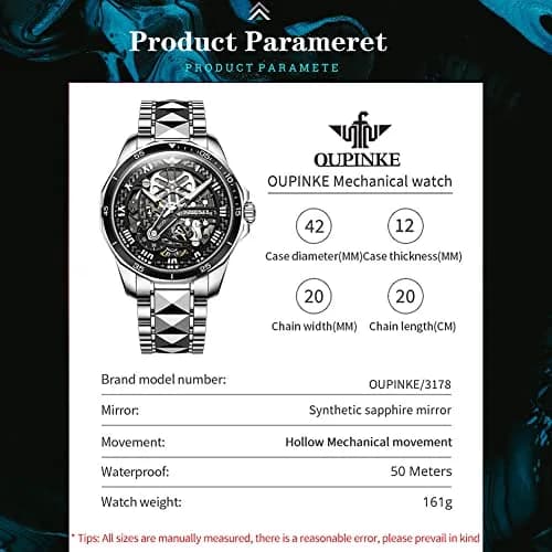 OLEVS Automatic Skeleton Watch for Men 42mm (1.65 Inches) Silver Tungsten Steel | Big Face Waterproof Luxury Watch thumbnail 9