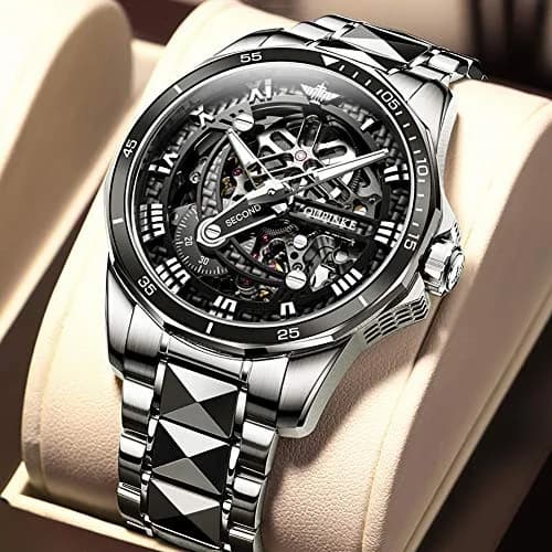 OLEVS Automatic Skeleton Watch for Men 42mm (1.65 Inches) Silver Tungsten Steel | Big Face Waterproof Luxury Watch thumbnail 2