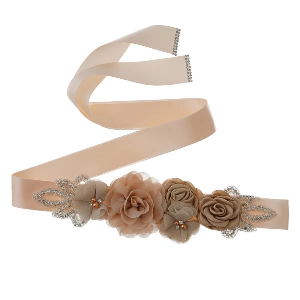 Huralona Wedding Sash Belt Satin Ribbon with Flowers Pearls Rhinestone | Elegant Bridal Accessory for Women — Light Khaki