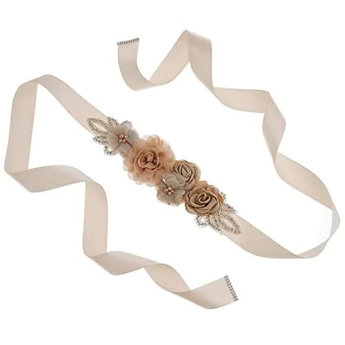 Huralona Wedding Sash Belt Satin Ribbon with Flowers Pearls Rhinestone | Elegant Bridal Accessory for Women thumbnail 3