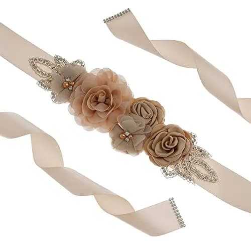 Huralona Wedding Sash Belt Satin Ribbon with Flowers Pearls Rhinestone | Elegant Bridal Accessory for Women thumbnail 4