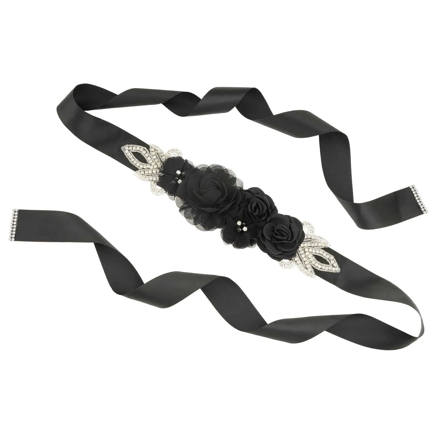 Huralona Wedding Sash Belt Satin Ribbon with Flowers Pearls Rhinestone | Elegant Bridal Accessory for Women — Black