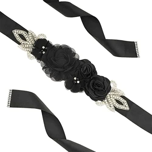 Huralona Wedding Sash Belt Satin Ribbon with Flowers Pearls Rhinestone | Elegant Bridal Accessory for Women thumbnail 3