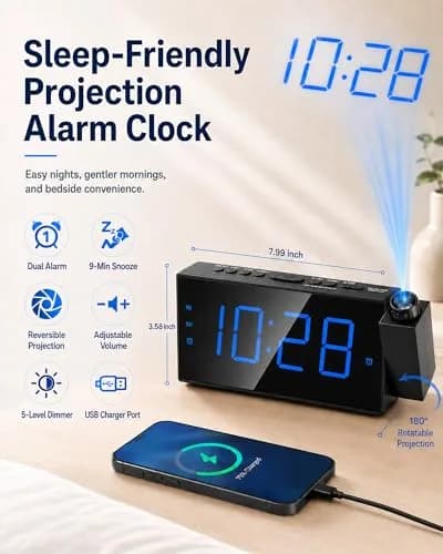 OnLyee Projection Alarm Clock for Bedroom Ceiling, 180° Projector, Dual Alarm, 7" Blue LED Display | Modern Bedside Clock thumbnail 2