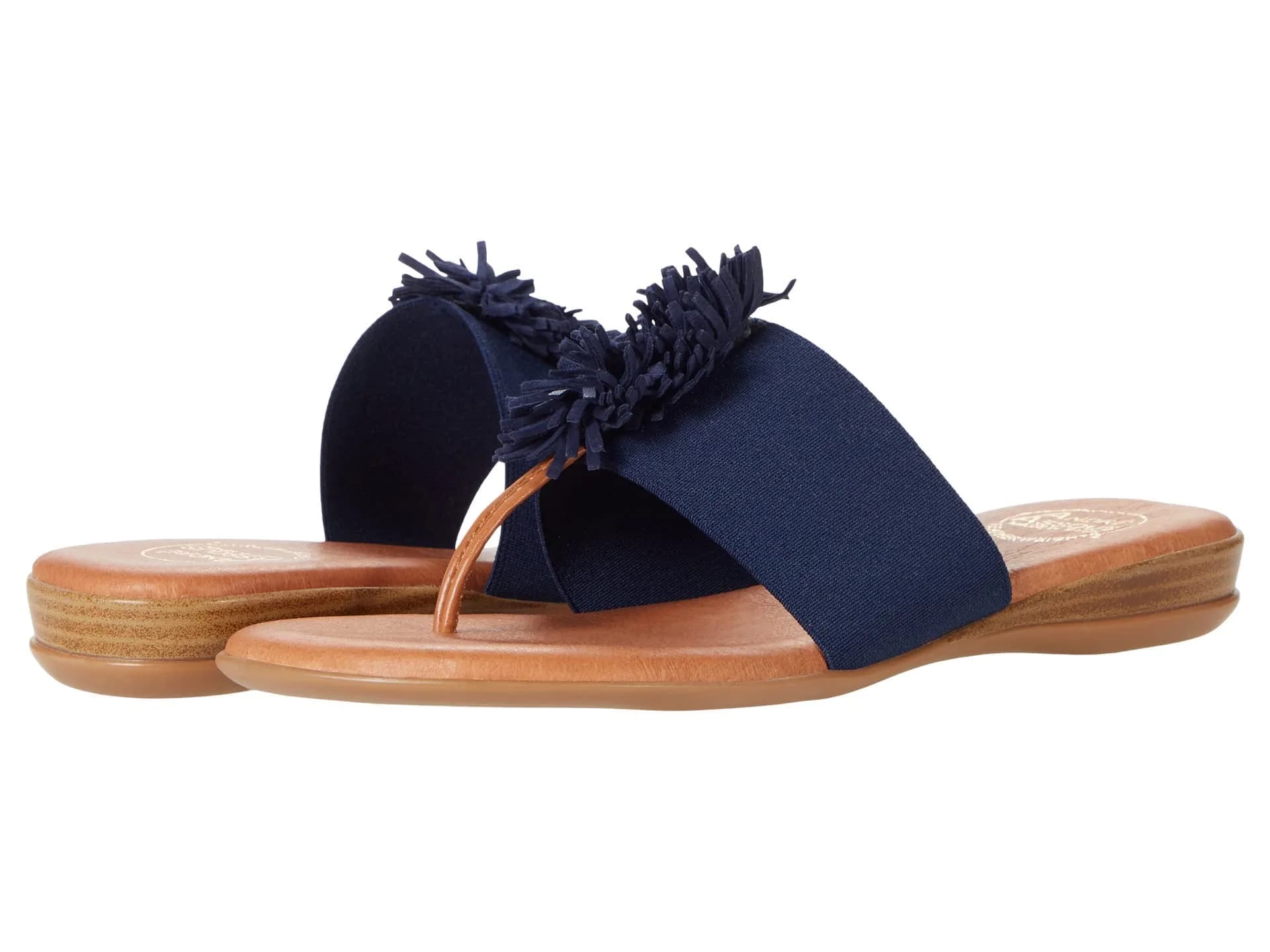 André Assous Novalee Flat, Navy, 7 | Leather Pom Poms, Slip-On, Flat Sandal for Women - main product image