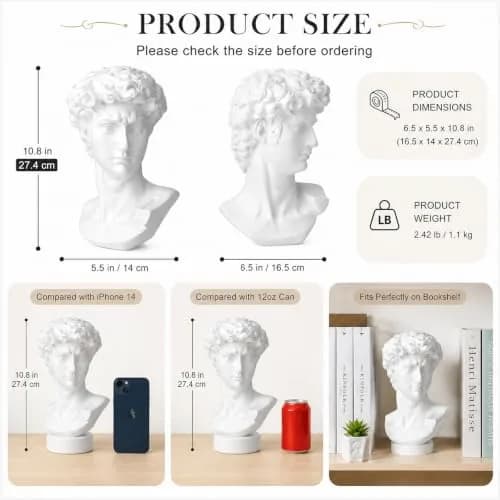 Norrclp 11in Greek Statue of David Bust, Classic Roman Head Sculpture | Resin Art Decoration thumbnail 2