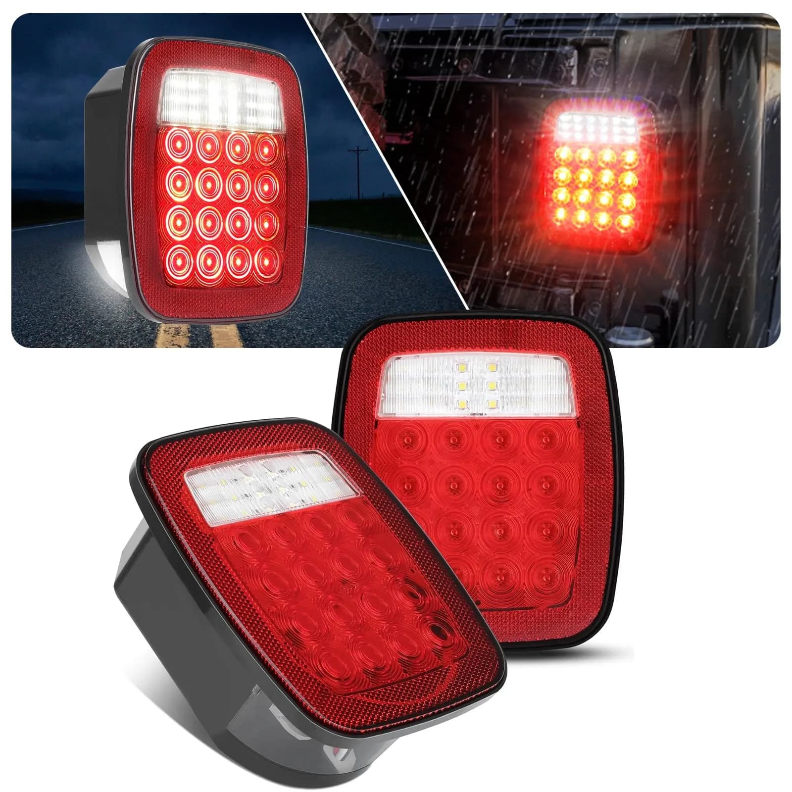 CMVT Auto Red Square 38-LED Tail Light Assembly 2-Pack | Universal 12V Fitment for Jeep Wrangler CJ YJ TJ & Trucks - main product image