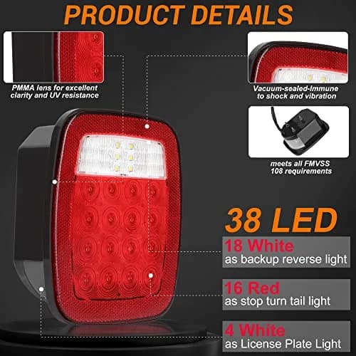CMVT Auto Red Square 38-LED Tail Light Assembly 2-Pack | Universal 12V Fitment for Jeep Wrangler CJ YJ TJ & Trucks thumbnail 2