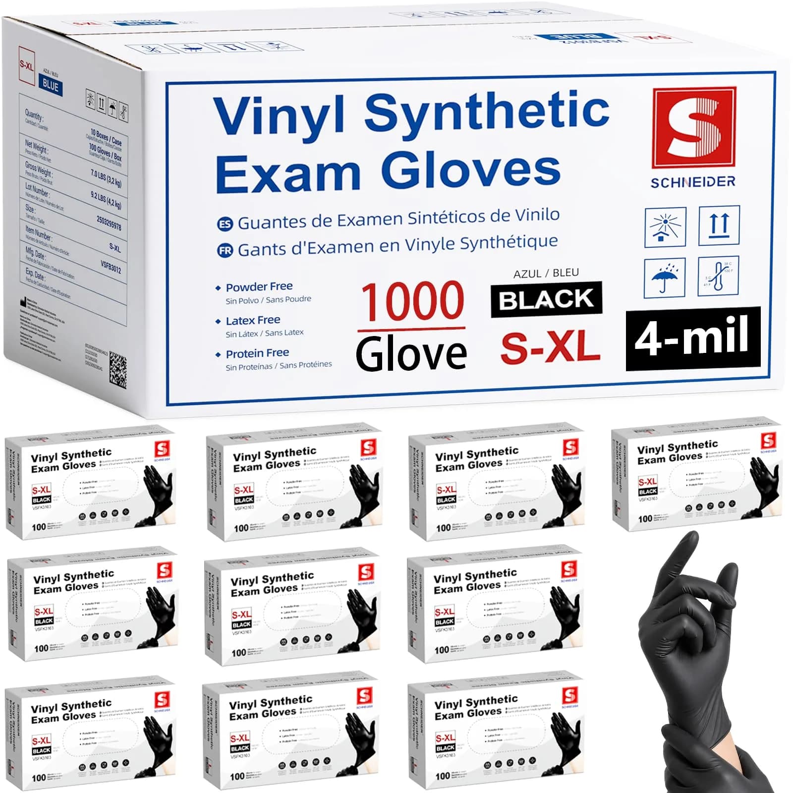 Schneider Large Black Vinyl Exam Gloves 1000-ct Case | Medical Grade, Latex-Free, Food Safe