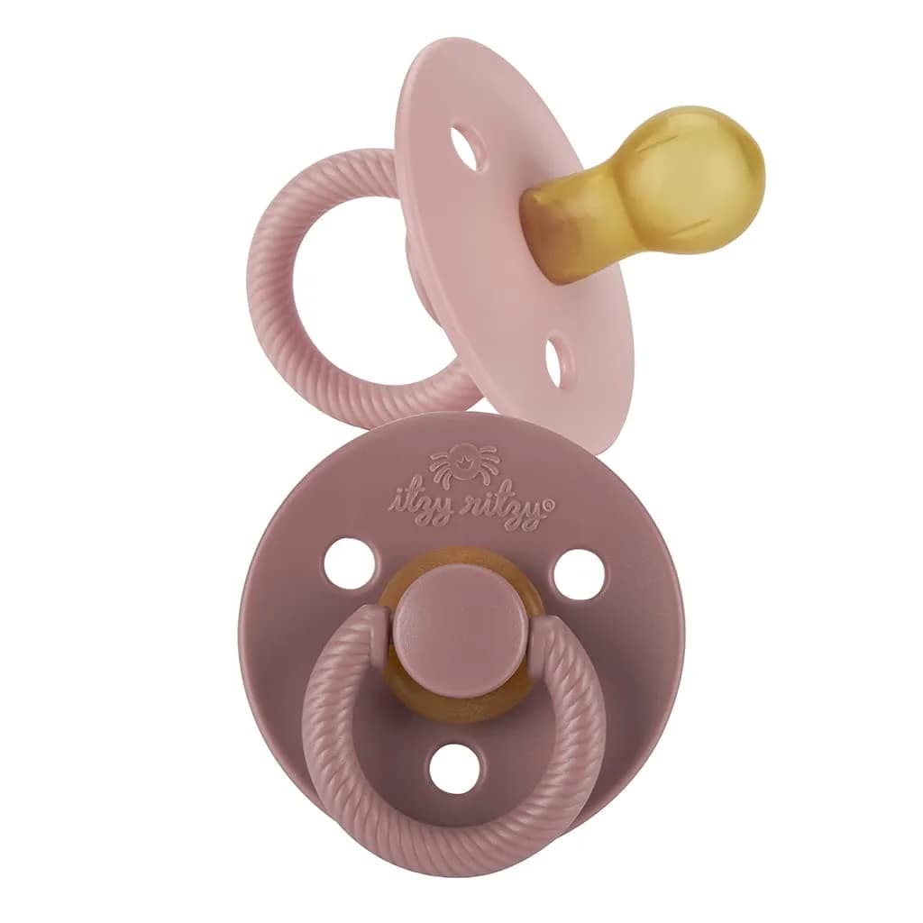 Itzy Ritzy Natural Rubber Pacifiers for 0–6 Mos | BPA-Free, Cherry-Shaped Nipple, Large Air Holes, Set of 2 — Blossom/Rosewood