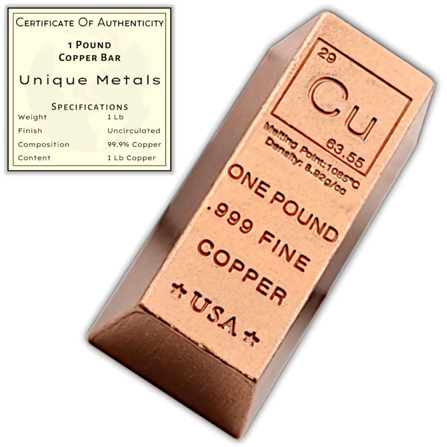 Unique Metals 1 Pound Copper Bar Ingot Paperweight 454 g (1 lb) | .999 Pure Copper Bullion with Certificate of Authenticity - main product image