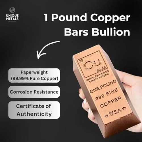 Unique Metals 1 Pound Copper Bar Ingot Paperweight 454 g (1 lb) | .999 Pure Copper Bullion with Certificate of Authenticity thumbnail 2