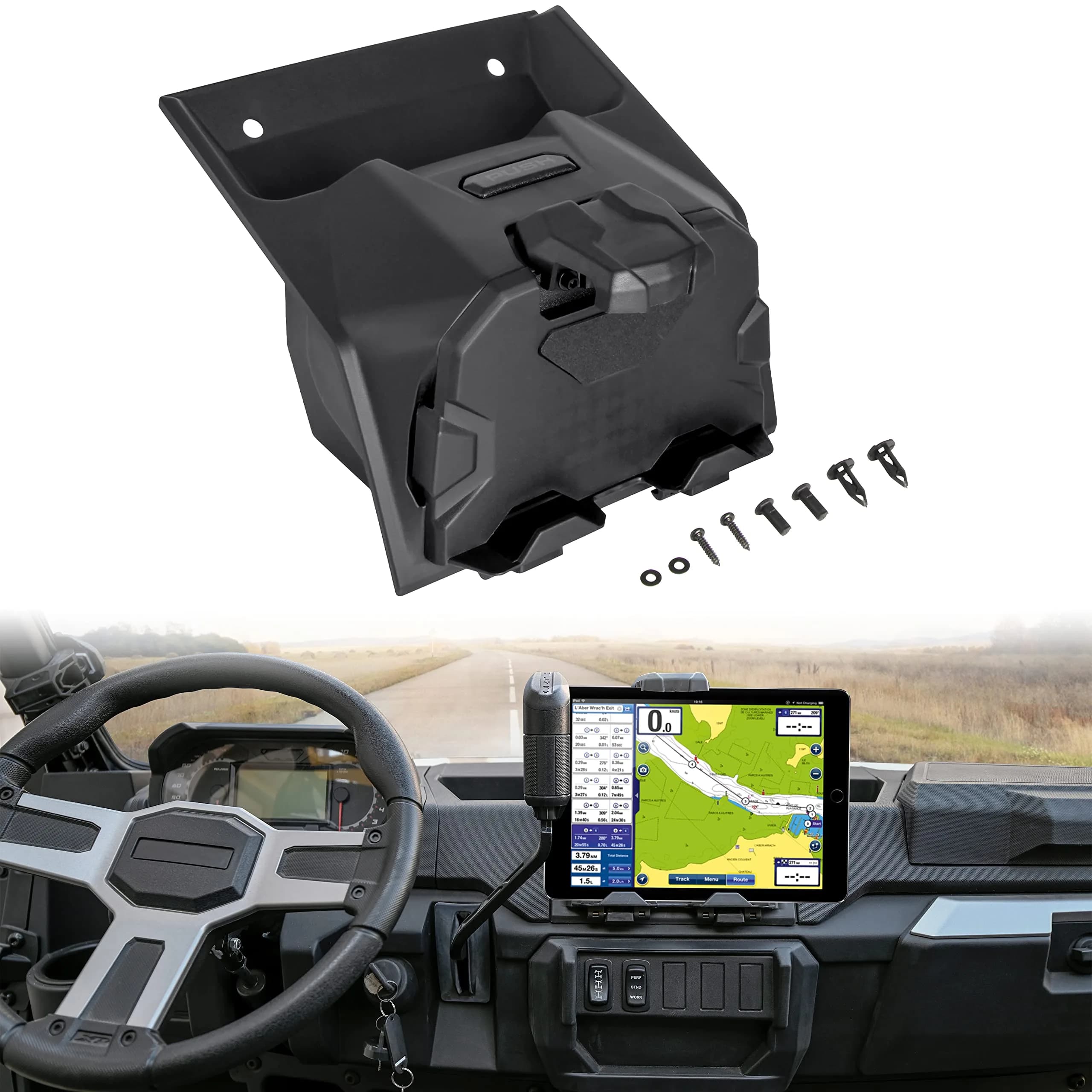 SAUTVS Tablet Mount for Polaris Ranger XP 1000/Crew 2018-2026 with Storage Box | Adjustable Dashboard Mount