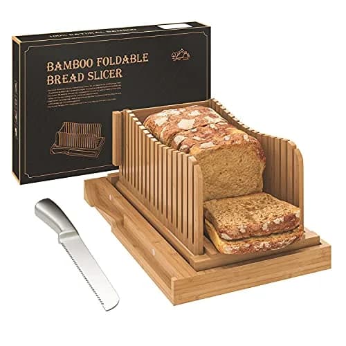 Vriccc Bamboo Bread Slicer with Serrated Knife | Adjustable Guide for 3 Thickness Sizes | Foldable Chopping Board with Crumb Tray (12.7"L x 7.1") thumbnail 1