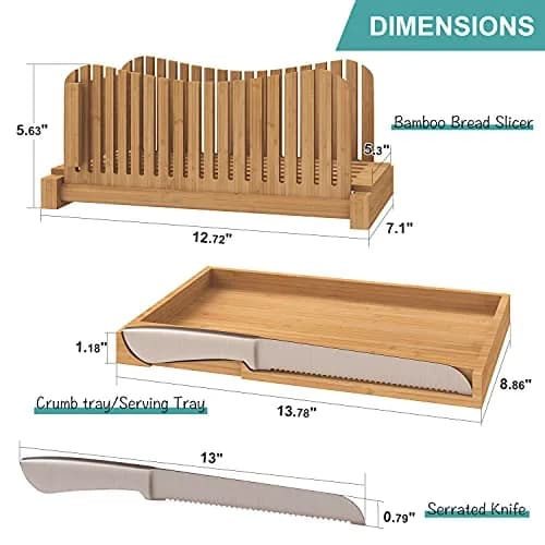Vriccc Bamboo Bread Slicer with Serrated Knife | Adjustable Guide for 3 Thickness Sizes | Foldable Chopping Board with Crumb Tray (12.7"L x 7.1") thumbnail 6