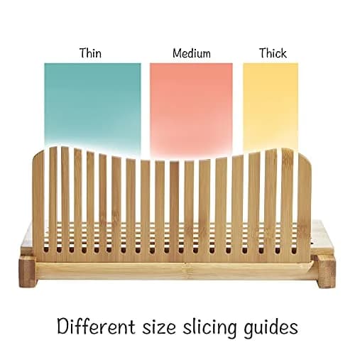 Vriccc Bamboo Bread Slicer with Serrated Knife | Adjustable Guide for 3 Thickness Sizes | Foldable Chopping Board with Crumb Tray (12.7"L x 7.1") thumbnail 7