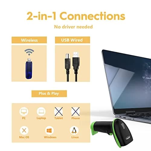 NADAMOO Wireless Barcode Scanner 328ft Transmission Distance, 1D Laser Automatic Barcode Reader with USB Receiver (Green, 1-Pack) thumbnail 2