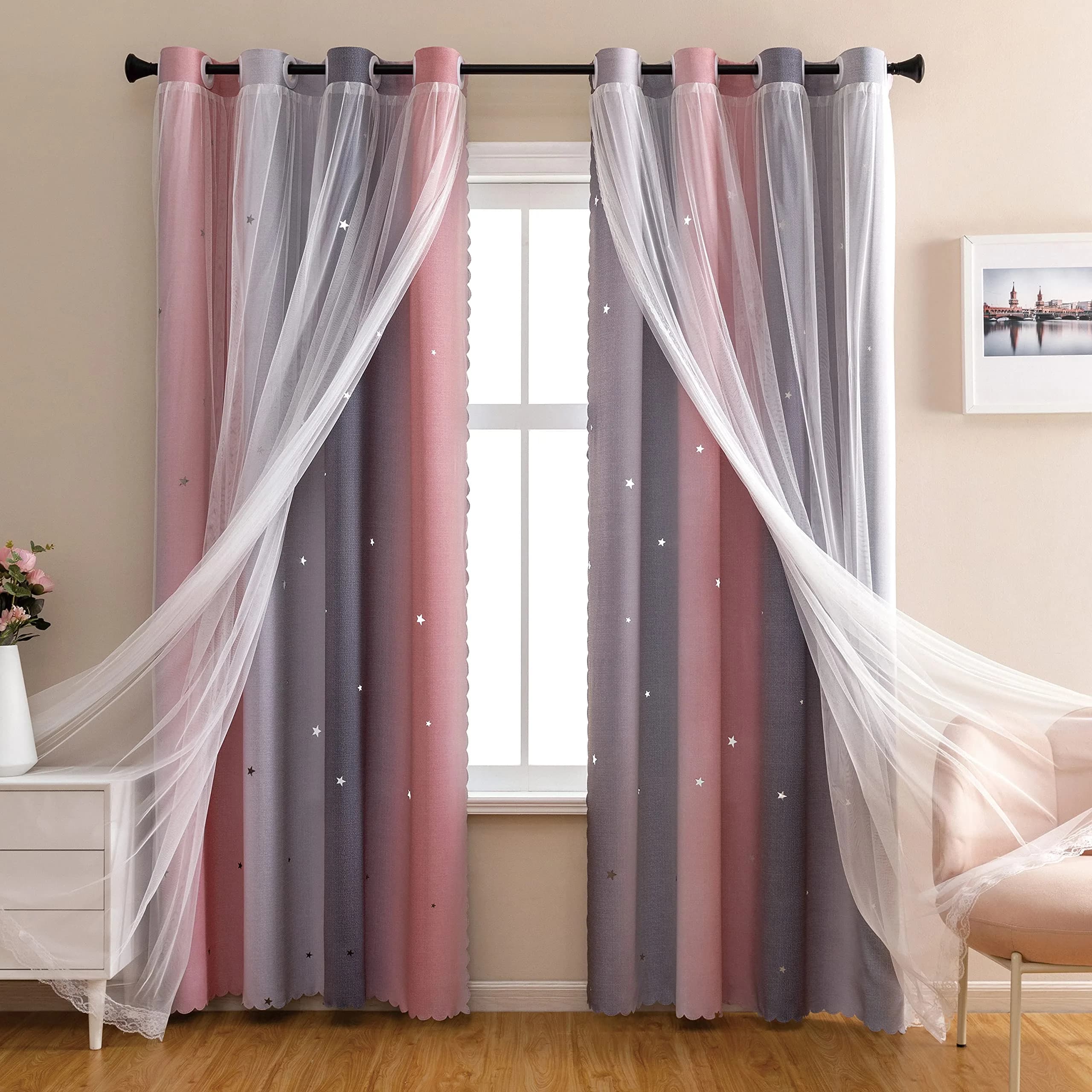 XiDi Pink and Grey Rainbow Curtains for Girls and Kids Bedroom 34"W x 72"L | Dreamy Starry Sky Effect