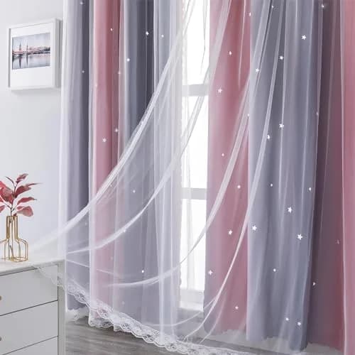 XiDi Pink and Grey Rainbow Curtains for Girls and Kids Bedroom 34"W x 72"L | Dreamy Starry Sky Effect thumbnail 6