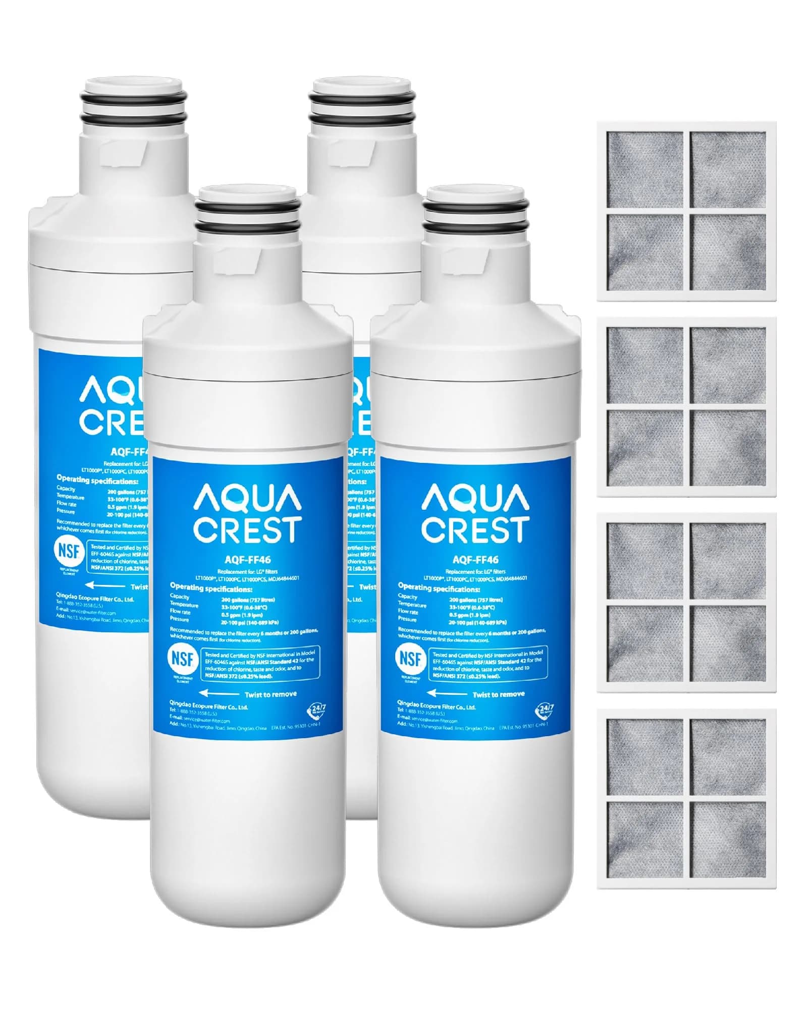 AQUA CREST LT1000PC Refrigerator Water Filter and Air Filter 4 Combo | NSF Certified 220V Compatible