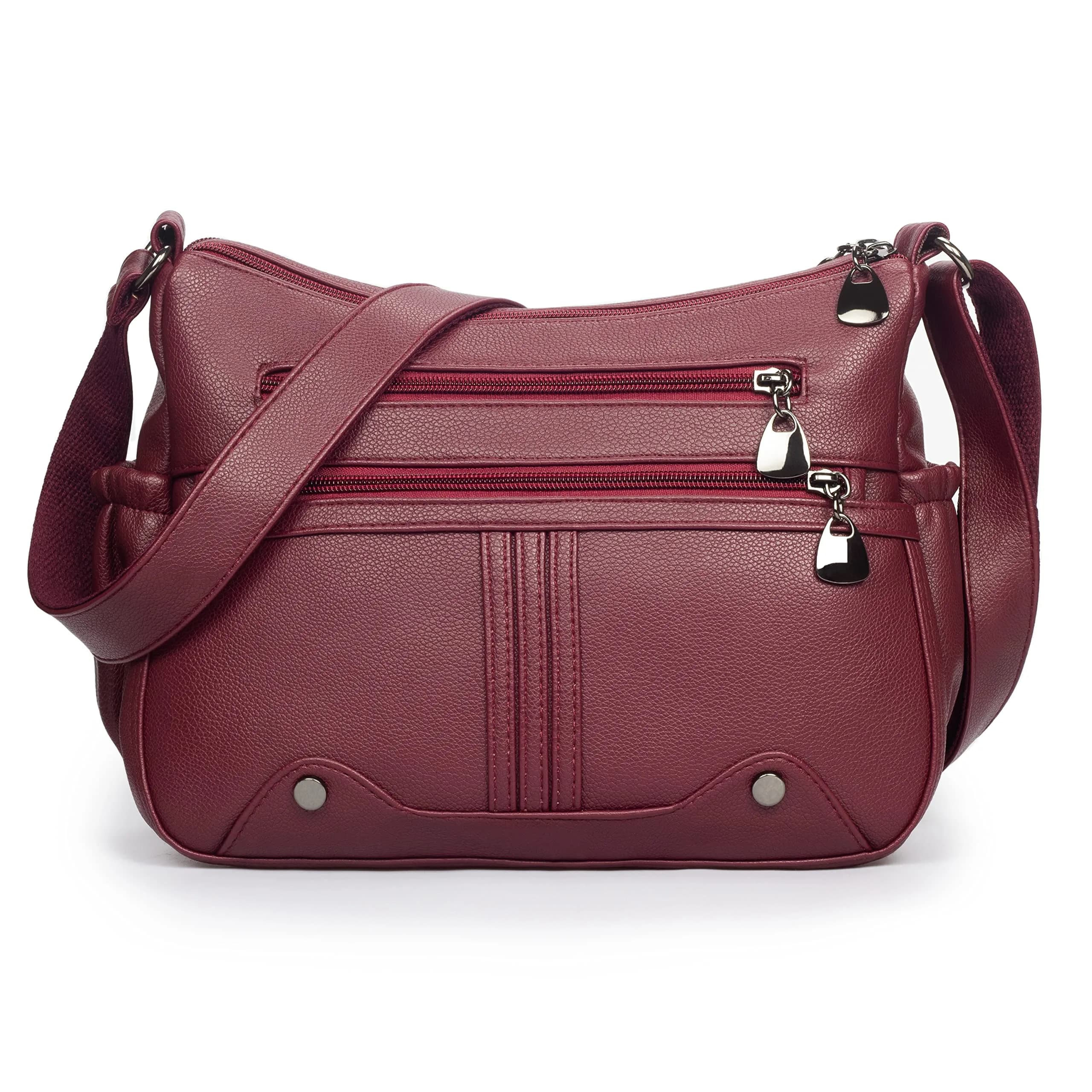 VOLGANIK ROCK Women Soft PU Leather Shoulder Handbag Multi Pocket Crossbody Bag Medium Roomy — Red