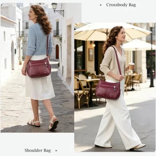 VOLGANIK ROCK Women Soft PU Leather Shoulder Handbag Multi Pocket Crossbody Bag Medium Roomy Red thumbnail 2